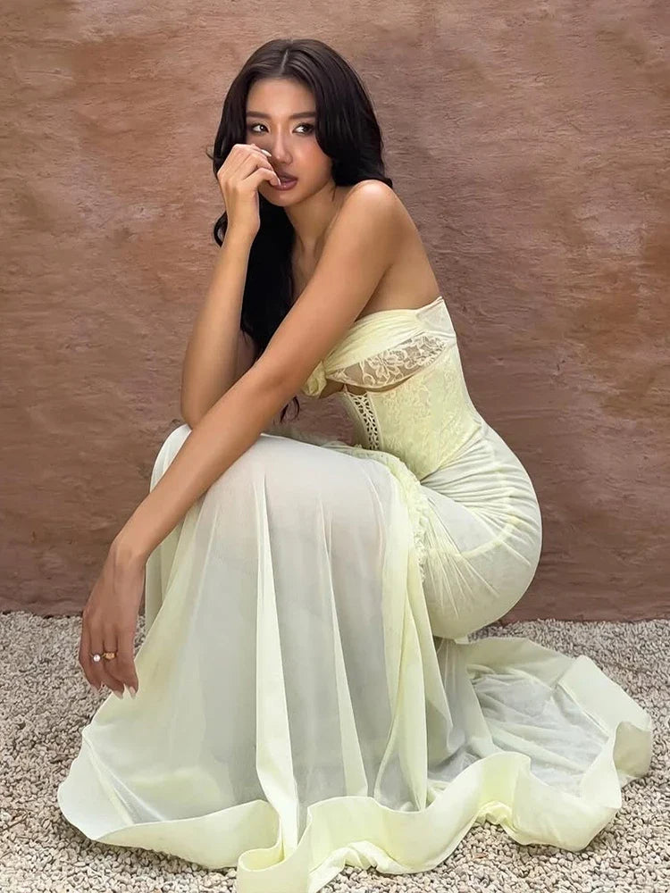 Strapless Cut Out Mesh Corset Ruffles Maxi Dress