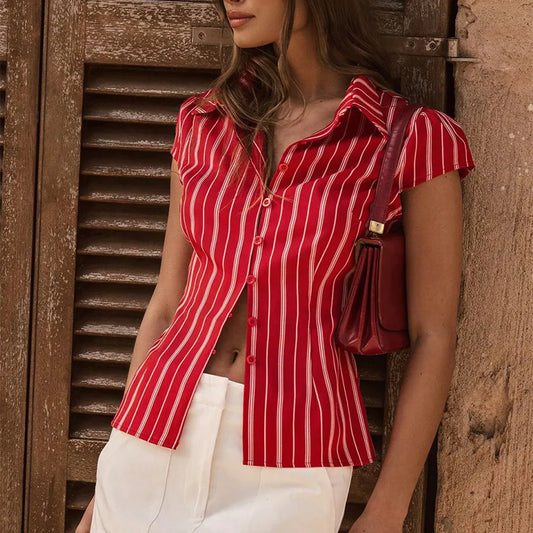 Red Stripe Short-Sleeved Button-Up Shirt