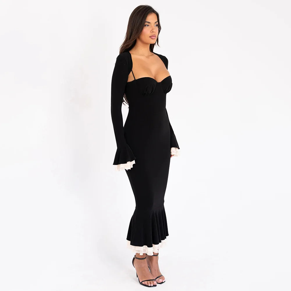 Solid Long Flared Two-piece Crop Sleeve Midi Dress
