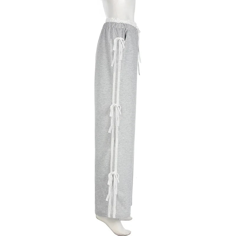 Grey Stripe Ribbon Drawstring Sweatpants