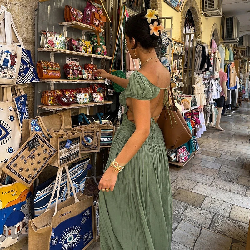 Green Open Back Short Sleeve Maxi Dress