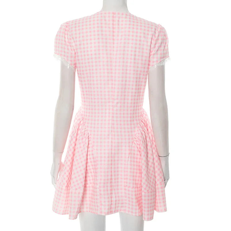 Plaid Print Puff Sleeve V-Neck Bow Flare Mini Dress