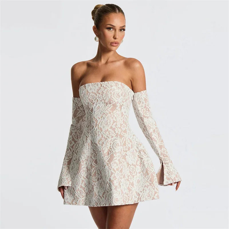 White Lace Off Shoulder Mini Dress