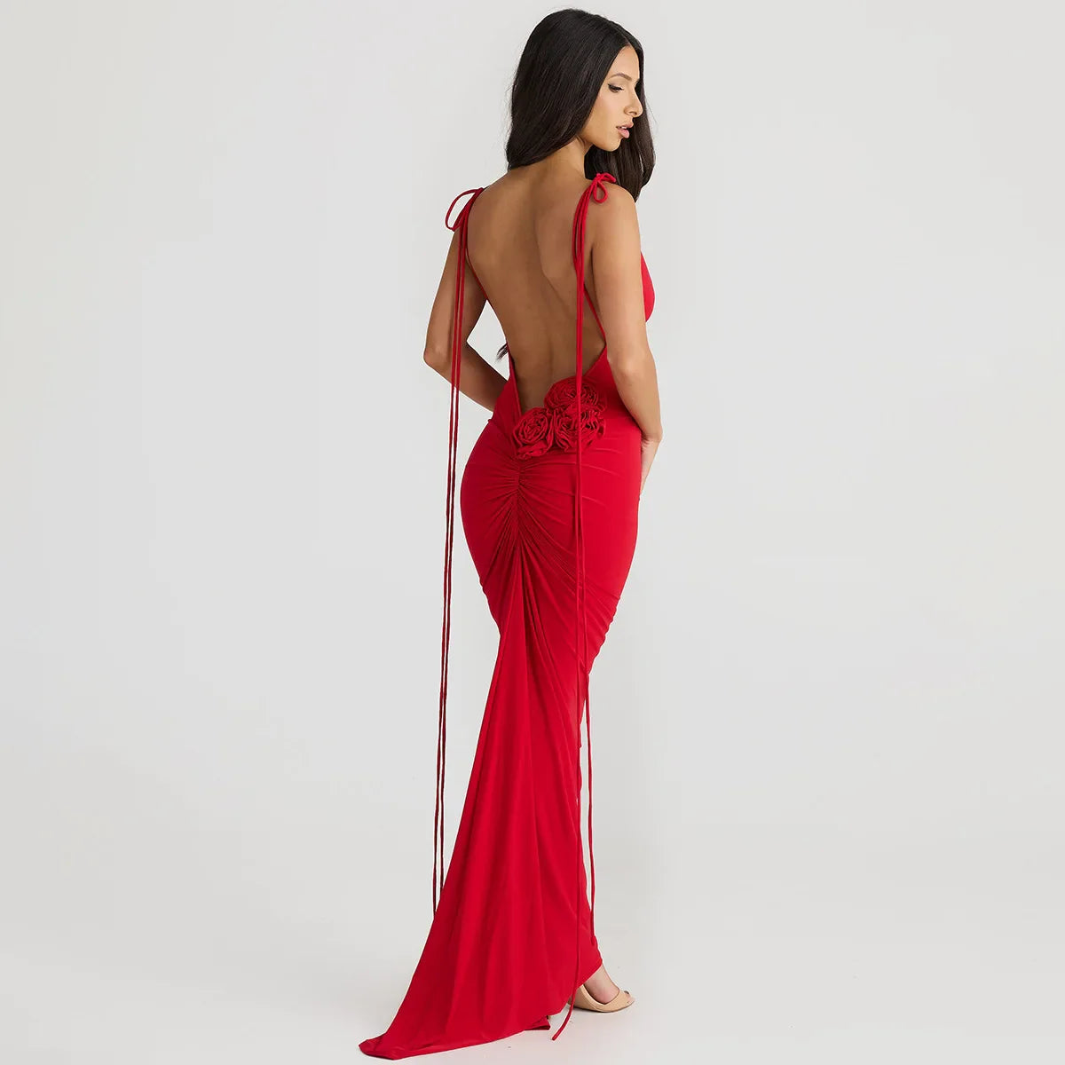Red Tie Up Strap Open Back 3d Flower Maxi Dress