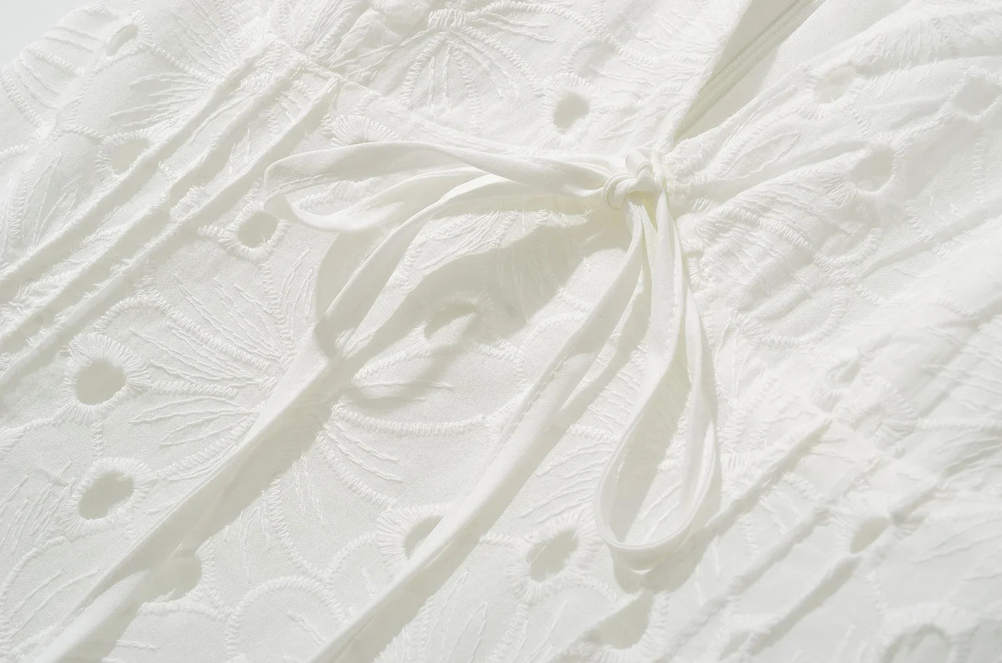 White Doily Embroidery V-Neck Short Sleeve Mini Dress