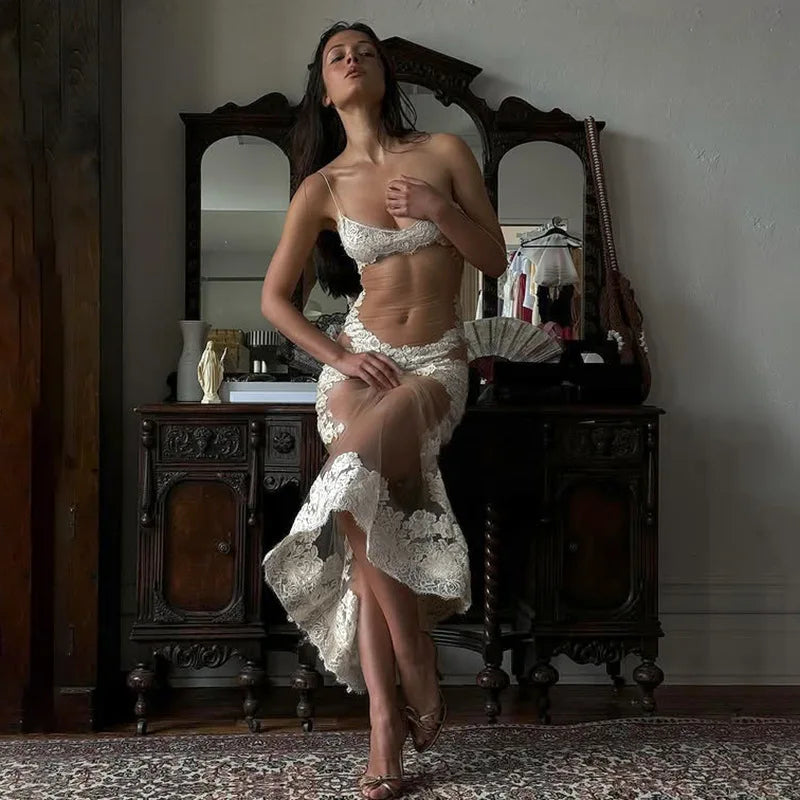 Mesh Lace Patchwork Spaghetti Strap Midi Dress