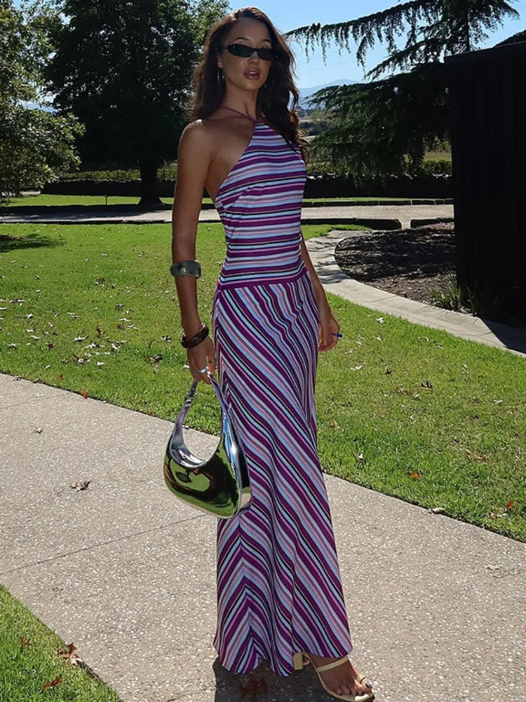 Purple Striped Halter Print Maxi Dress