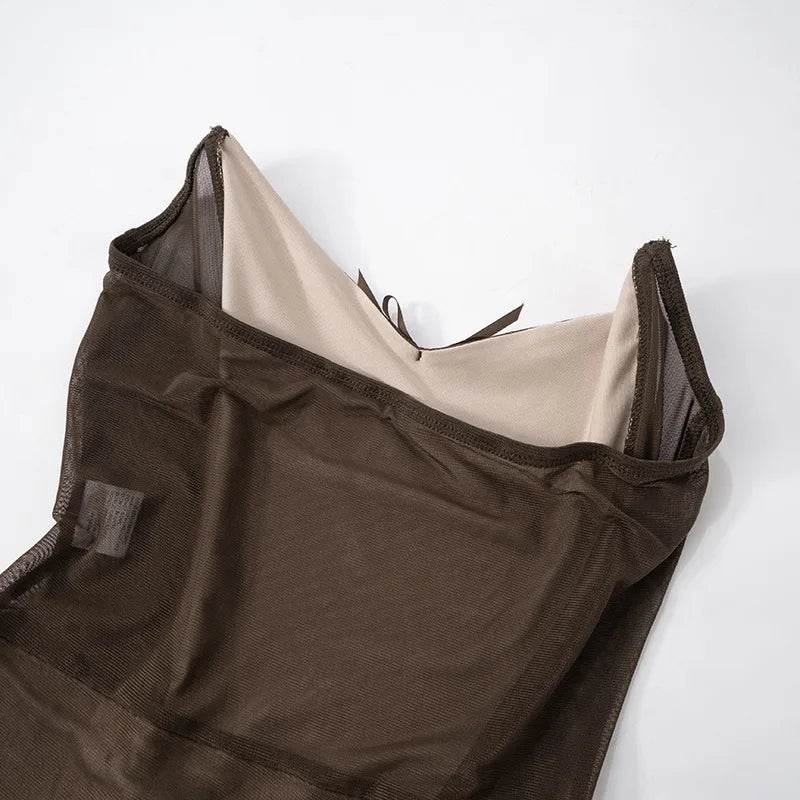 Brown Mesh Corset Bodysuit And Maxi Skirt Set