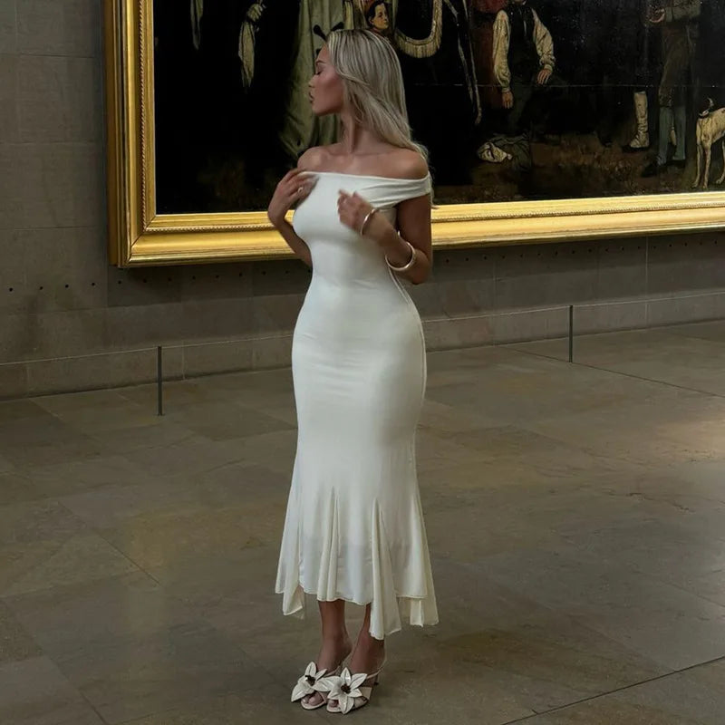 White Off-Shoulder Mesh Irregular Hem Midi Dress