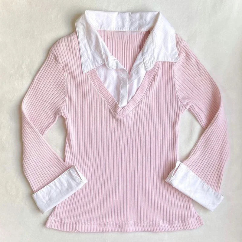 Pink Ribbed Layered Long Sleeve Shirt