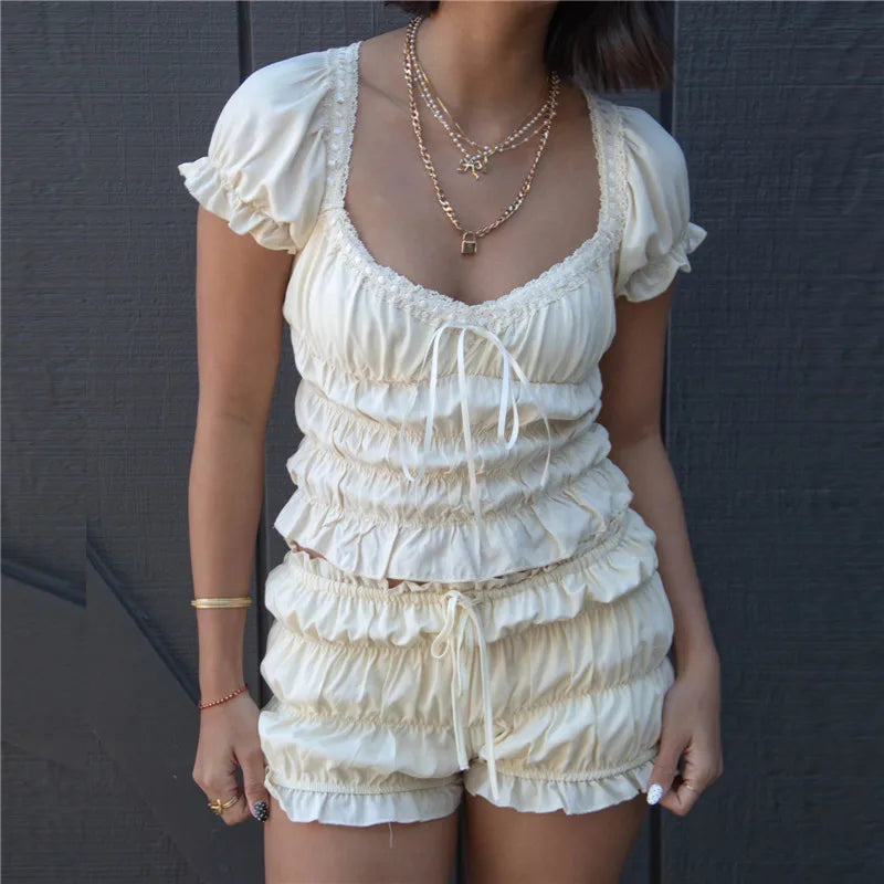 Ruched Short-Sleeve Tops And Bloomer Shorts Set