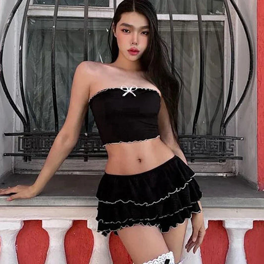 Black Bow Crop Top Ruffled Mini Skirt Set