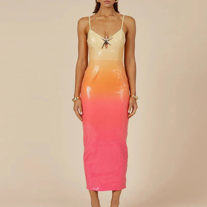 Ombre Sequin Strap Midi Dress