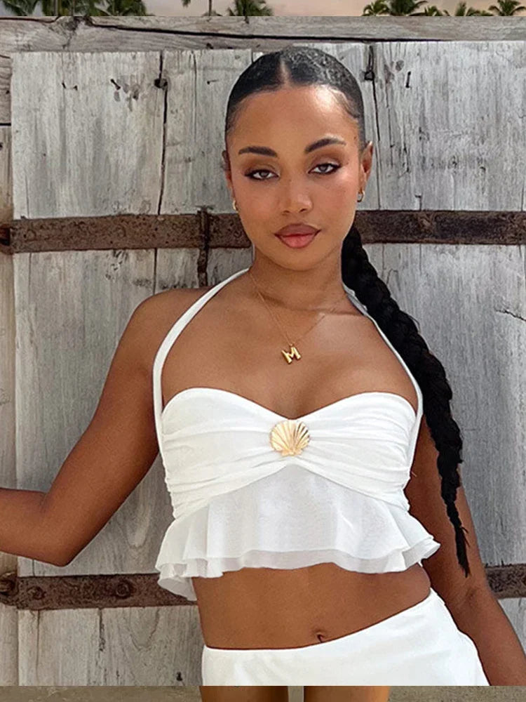 White Sheel Halter Crop Top