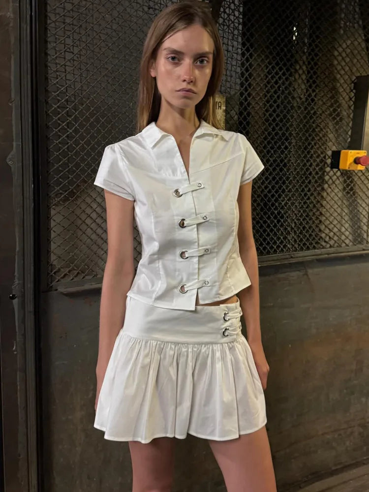 Polo Collar Short Sleeve Top And Mini Skirt Set