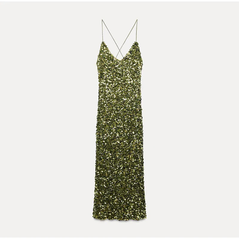 Green Sequin Backless Sling Maxi Dress