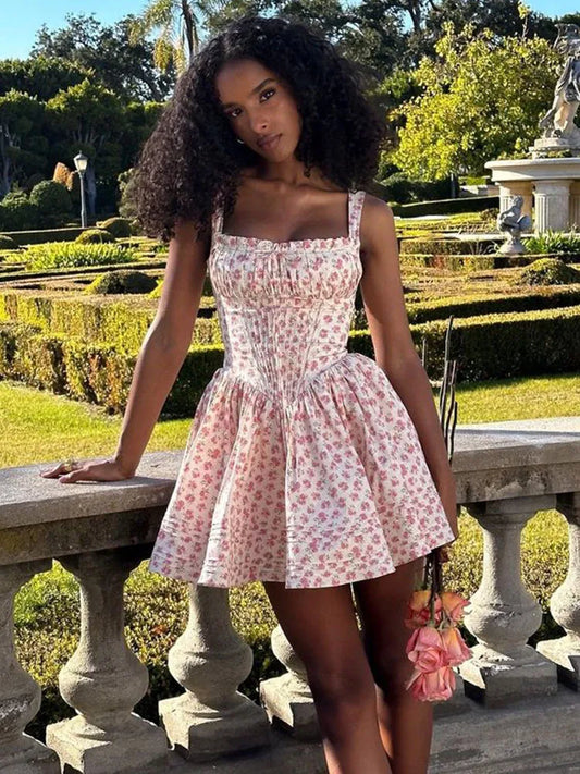 Printed Square Neck Strap Corset Mini Dress