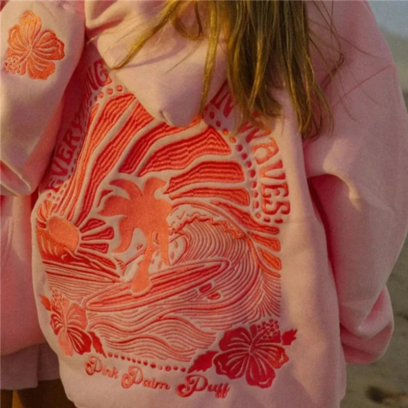 Palm Flower Embroidery Hoodie - Loose Fit Pullover