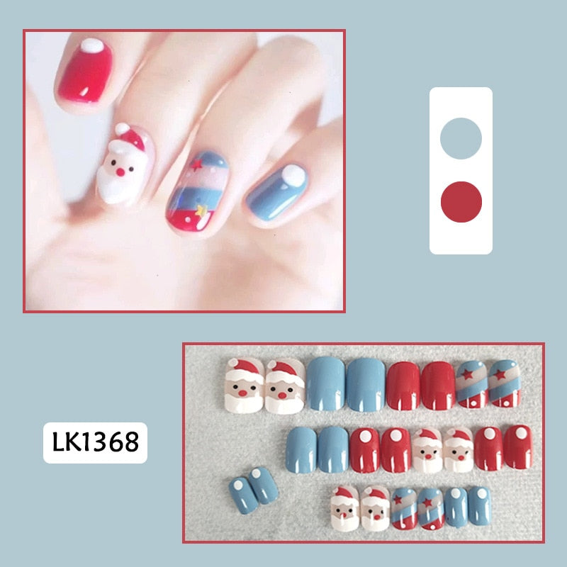 24Pcs/Box New Christmas Elk Snowflake Fake Nails Artificial Short Round Press on Acrylic Nails Tips Coffin Nail with Glue