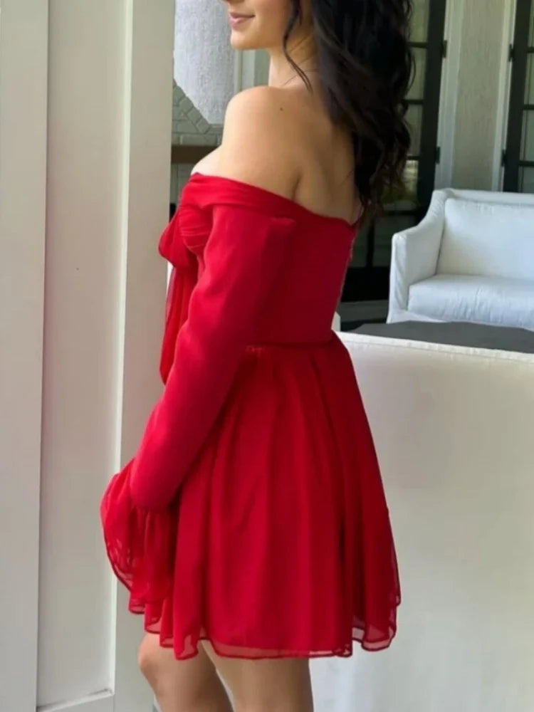 Off-shoulder Long Flare Sleeve Bow Mini Dress