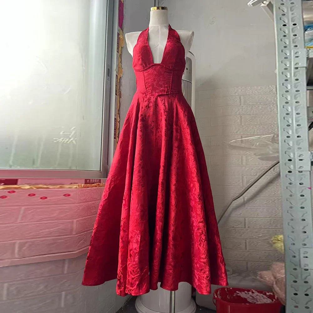 Satin Jacquard Deep Neck Print Flare Maxi Dress