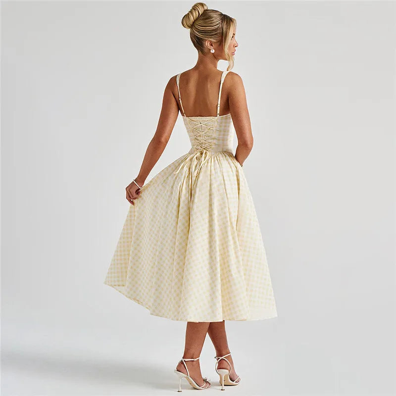 Plaid Printed Corset A-line Maxi Dress