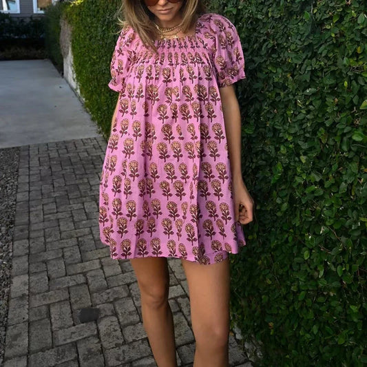 Floral Print Smocked Square Neck Short Puff Sleeve Mini Dress