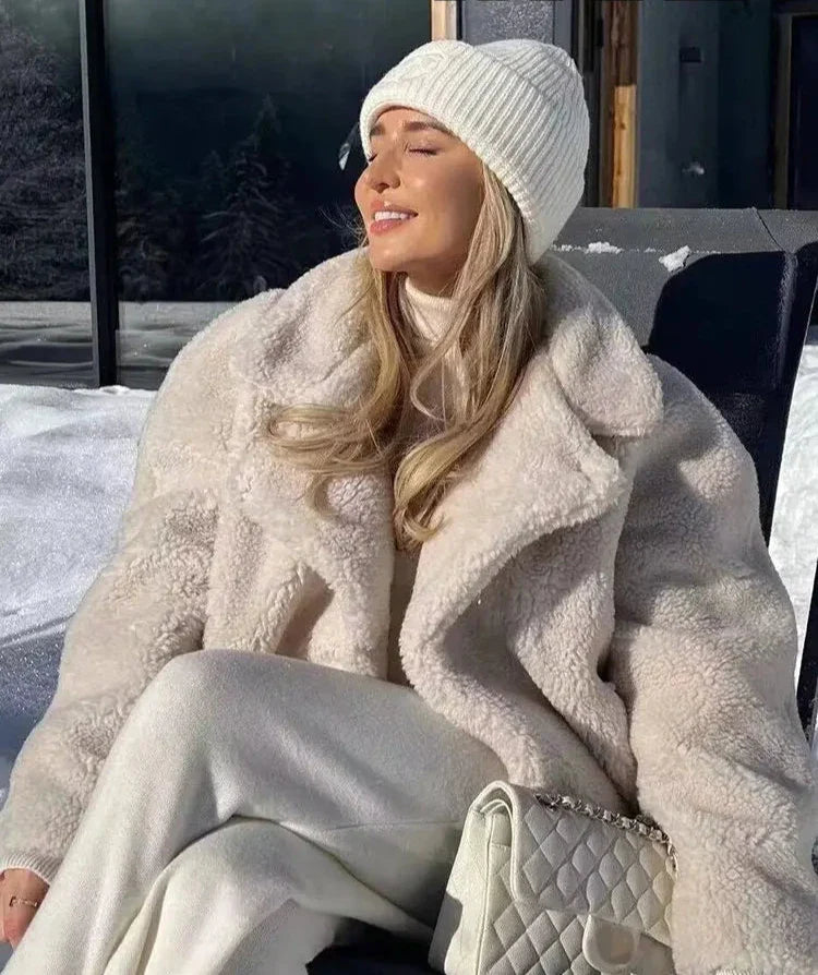 Beige Collar Pocket Faux Fur Coat