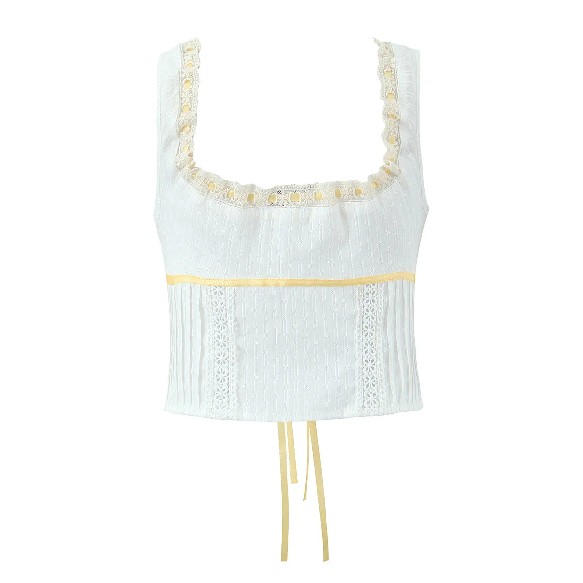 White Ruched Yellow Ribbon Crop Top And Maxi Skirt Set