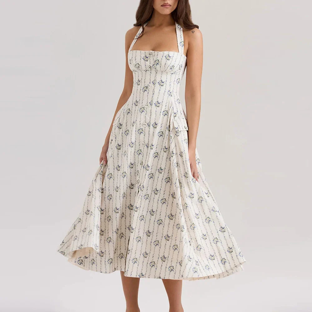 Printed Halter Flare Midi Dress