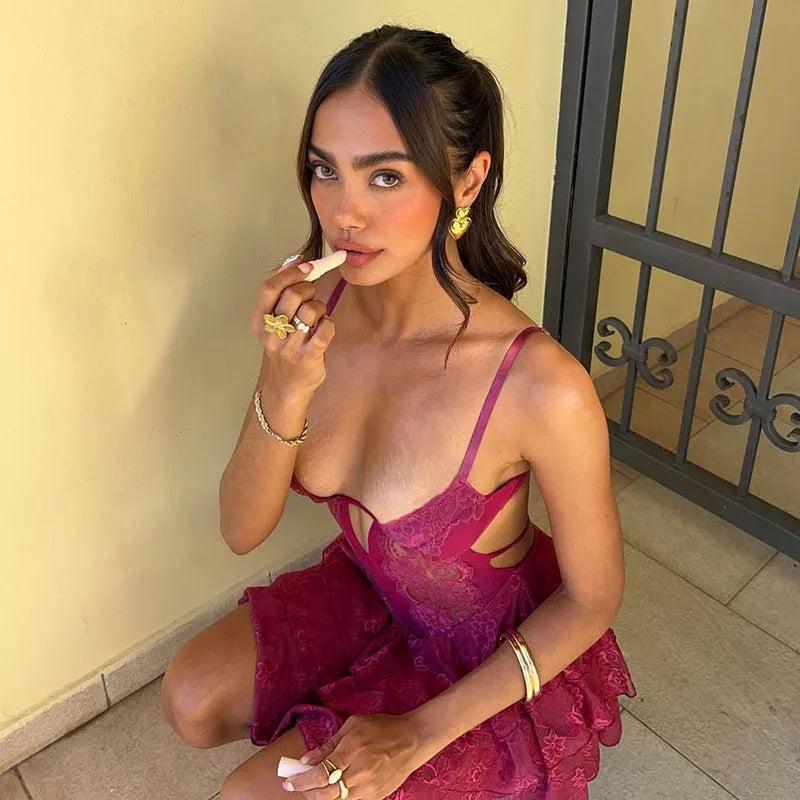 Pink Lace Ruffles Mini Dress