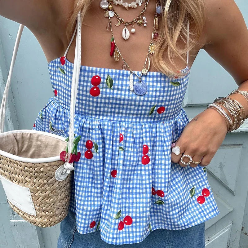Blue Striped Floral Embroidery Tie Up Top