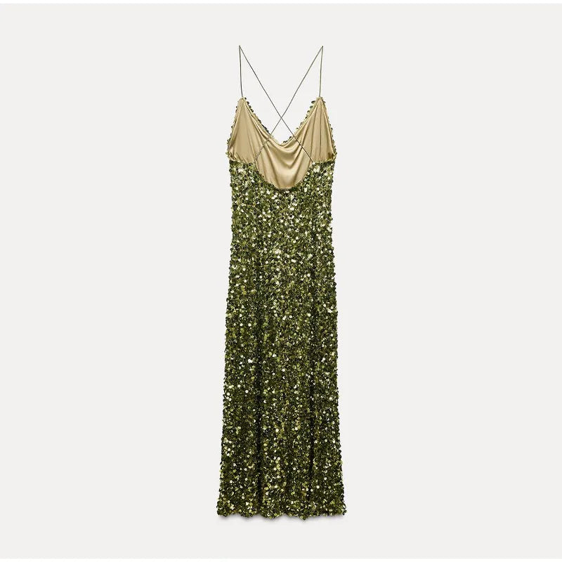 Green Sequin Backless Sling Maxi Dress