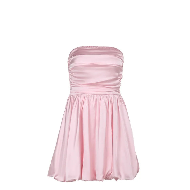 Satin Puff Ruched Tube Mini Dress