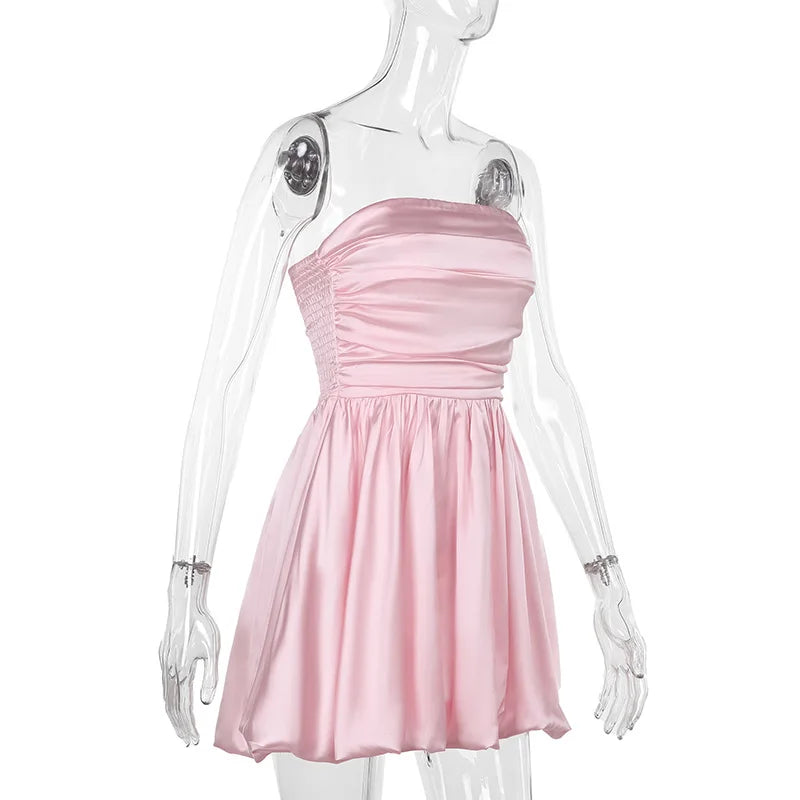 Satin Puff Ruched Tube Mini Dress