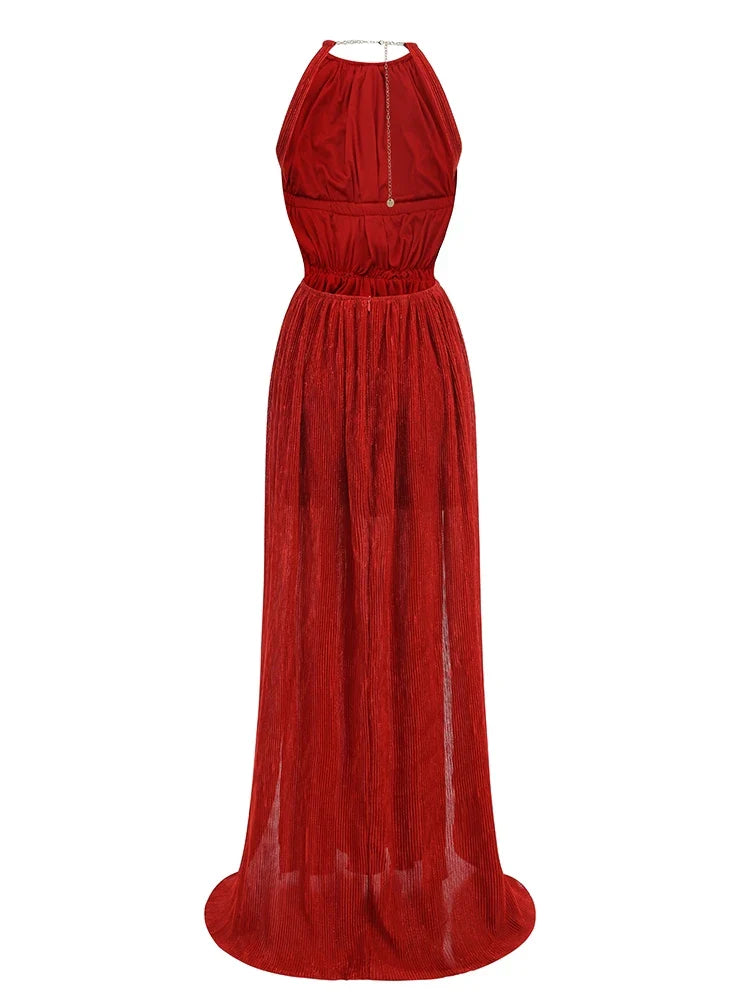 Red Pleated Halter Open Back Maxi Dress