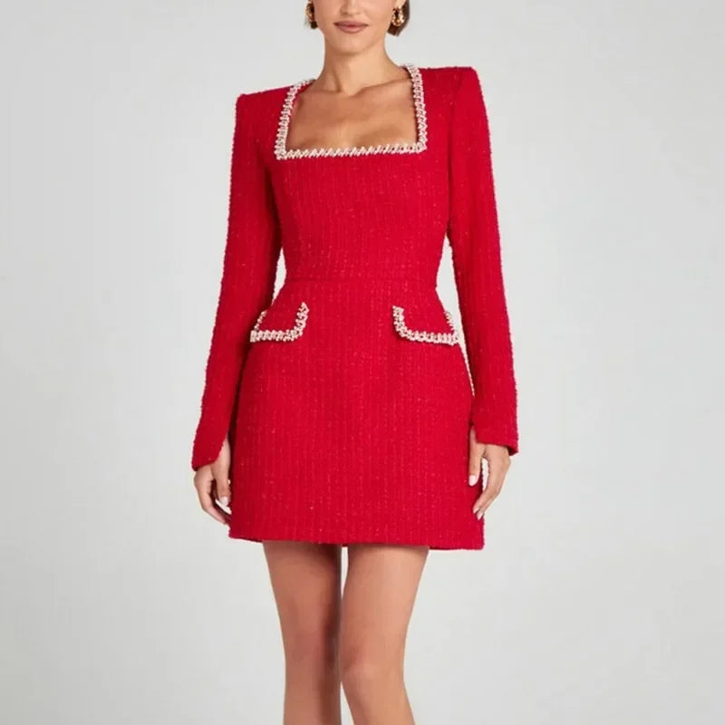 Tweed Solid Beaded Seam Mini Dress