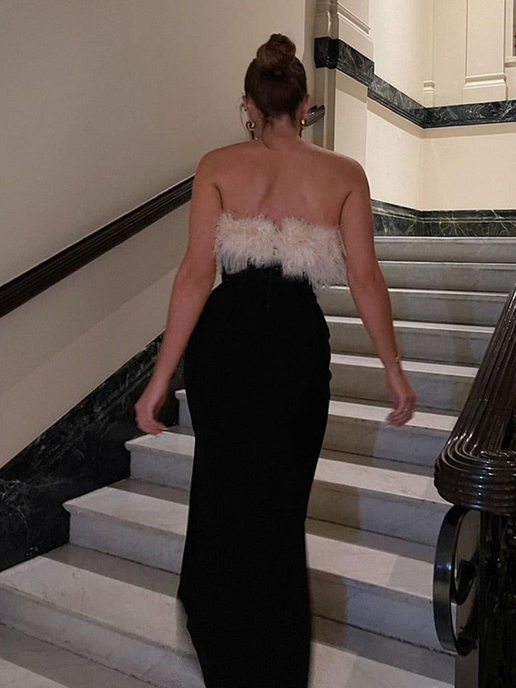 Fur Trim Black Slit Tube Midi Dress