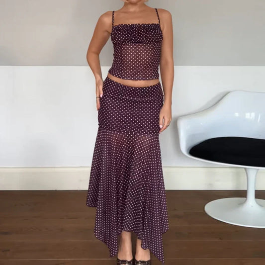 Purple Polka Dot Mesh Cami Crop Top And Irregular Hem Pencil Mid Skirts Set