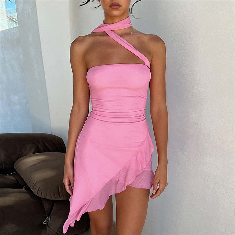 Draped Frill Tube Mini Dress