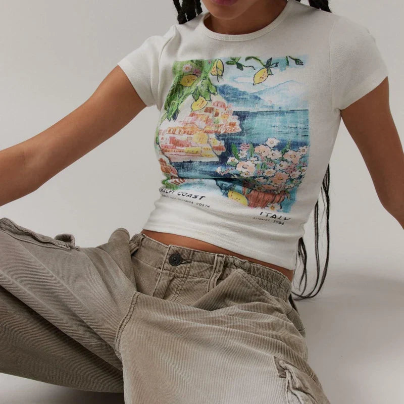 Italy Coast Graphic White Ribbed Top