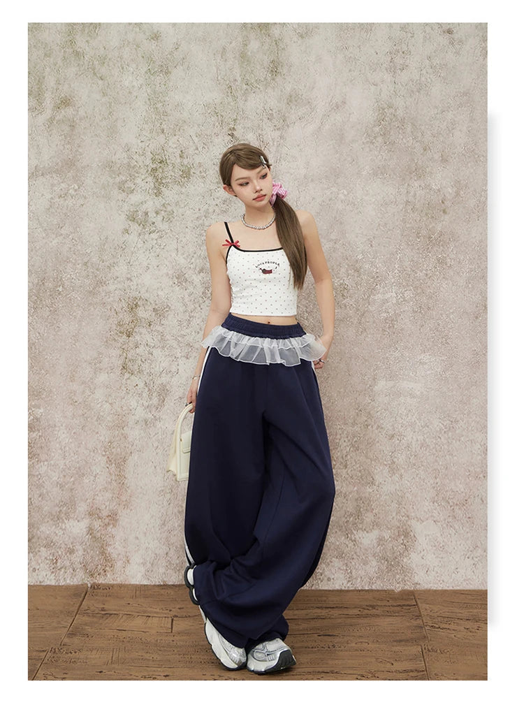 Navy Blue Wide Leg Elastic Waist Striped Sweatpants