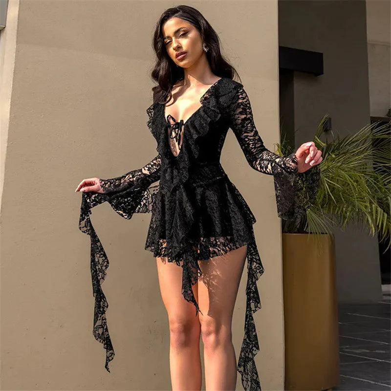 Lace Ruffled Long Sleeve Mini Dress