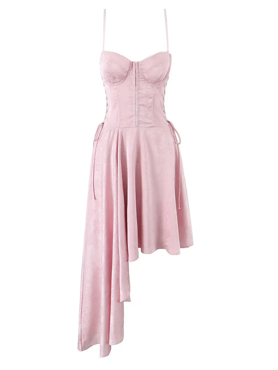 Sleeveless Lace Up Bustier Asymmetric Midi Dress
