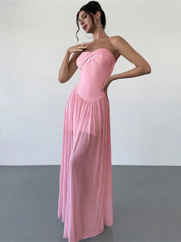 Pink Strapless Mesh Maxi Dress