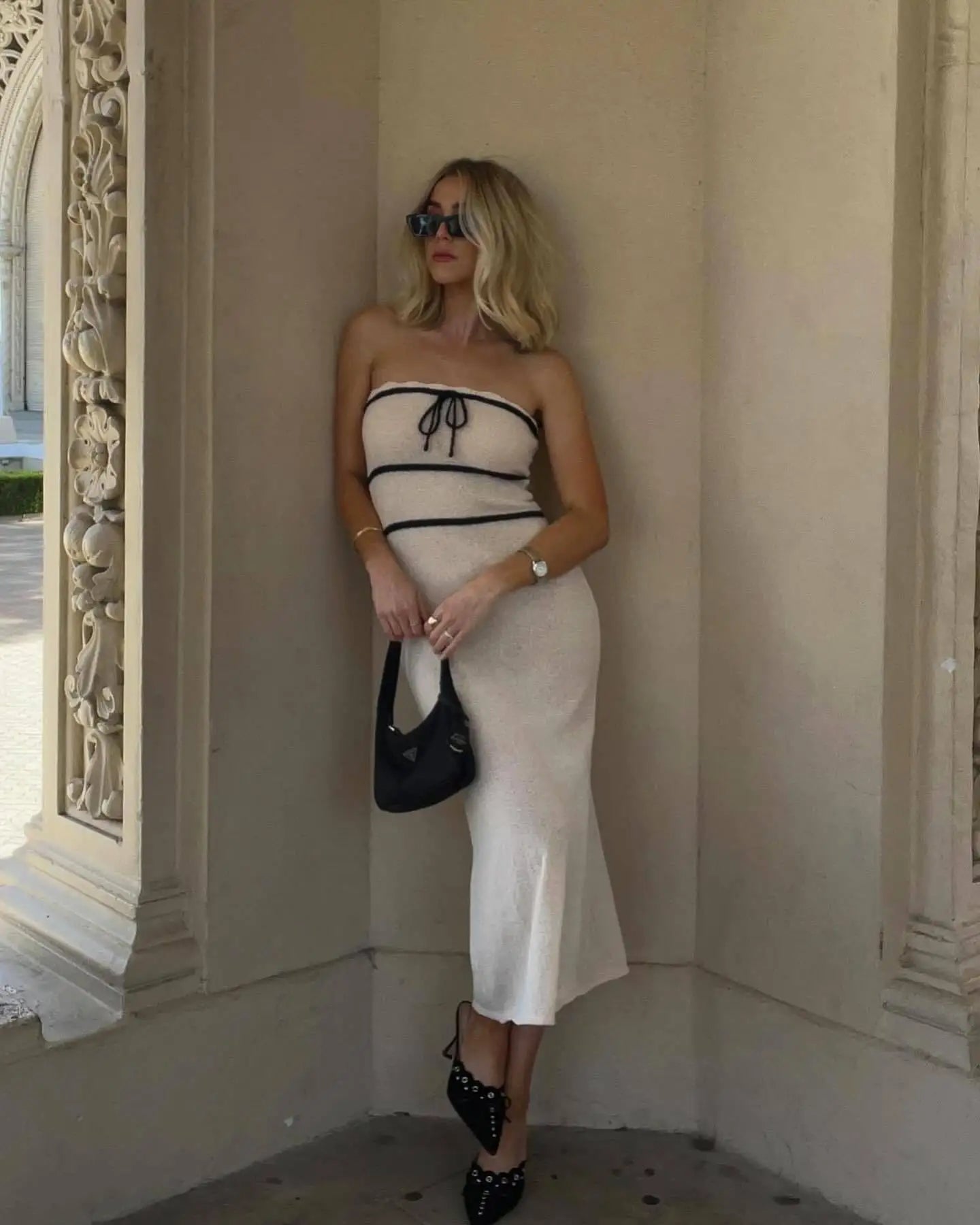 Knit Tube Black Stripe Tie-Up Midi Dress