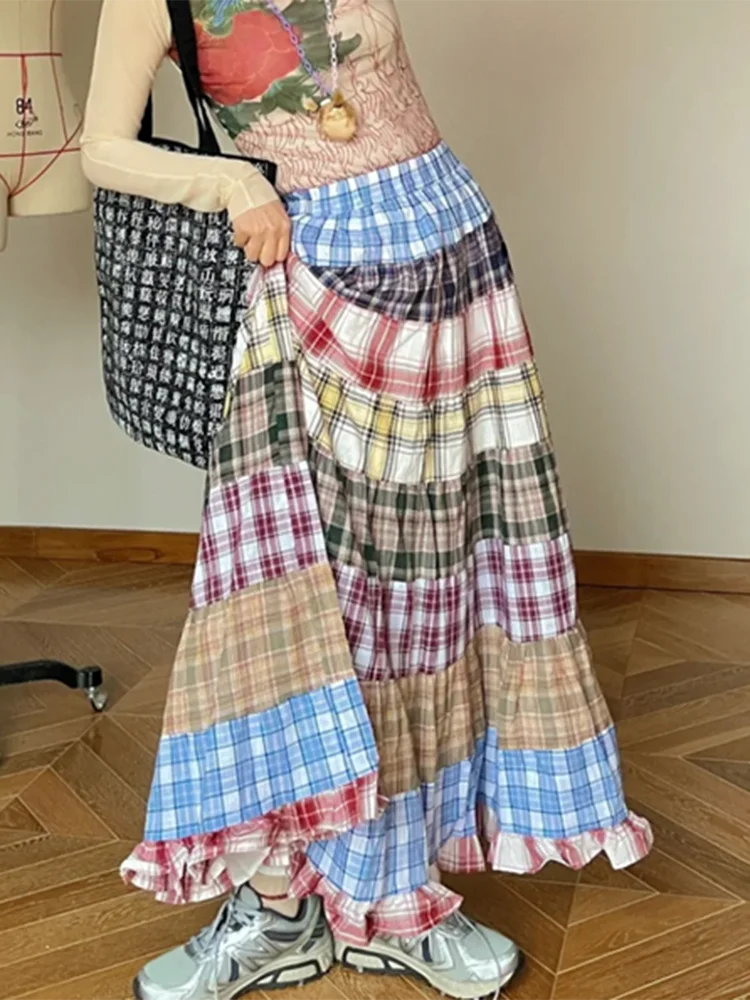 Plaid Patchwork Ruffles Maxi Skirt - Bohemian A-Line