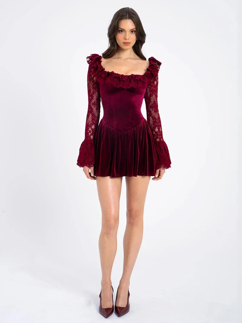 Red Velvet Long Sleeve Flare Mini Dress