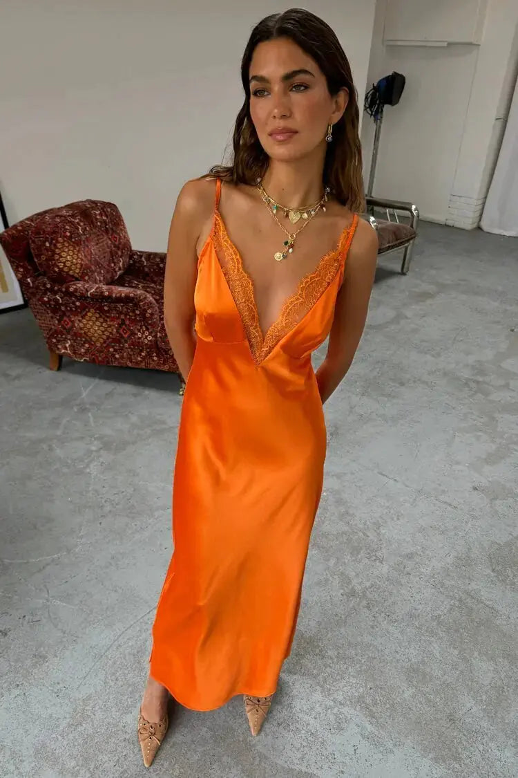 Strap Satin V-neck Long Dress