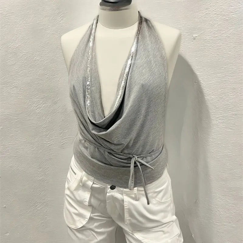 Cowl Tie Up Sequin Trim Top